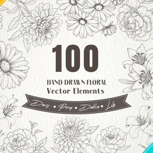 100 Floral flowers elements set bundle, SVG and PNG floral bundle, Dahlia, Peony, Daisy, Lily, blooming, Flower SVG, Flower line art
