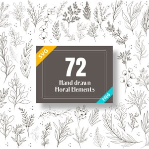 Puede incluir: Un conjunto de 72 elementos florales dibujados a mano en blanco y negro. Los elementos son perfectos para crear invitaciones, tarjetas y otros diseños.