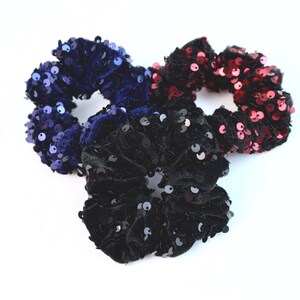 Velvet Sequin Scrunchie | Black Sparkly Hair Tie | Navy Blue Red Glitter Scrunchie