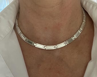 Collar largo de plata de ley. Collar corto grueso. Collar vintage de plata 925 de 43 cm. Collar grande y pesado de eslabones rectangulares de plata.