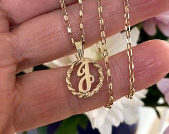 9ct gold letter J pendant and chain, monogram letter J on an 18 inch (46cm) chain, vintage solid 9ct gold letter J on 9ct gold fine chain