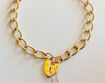 Vintage 9k Gold Charm Bracelet, Heart Padlock, Chunky Link