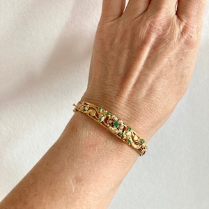 Vintage Emerald & Pearl 9k Gold Bangle: Hinged Safety Chain Design