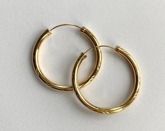 Large gold hoop earrings, vintage 9ct gold hoops, patterned large hoop earrings, genuine 9ct gold hoops, solid yellow gold 9k hoop earrings