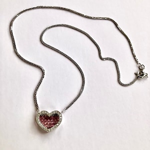 Vintage 18k White Gold Heart Pendant Necklace: Pink Sapphire & Diamond