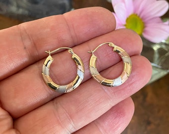 Vintage 9ct gold hoop earrings, 3 colour gold hoops, small hoop earrings,9k rose white and yellow gold small hoop earrings,small light hoops