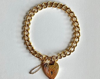 Gold Filled Chunky Curb Chain Bracelet With Heart Padlock Charm - 19.5 Cm Bangle