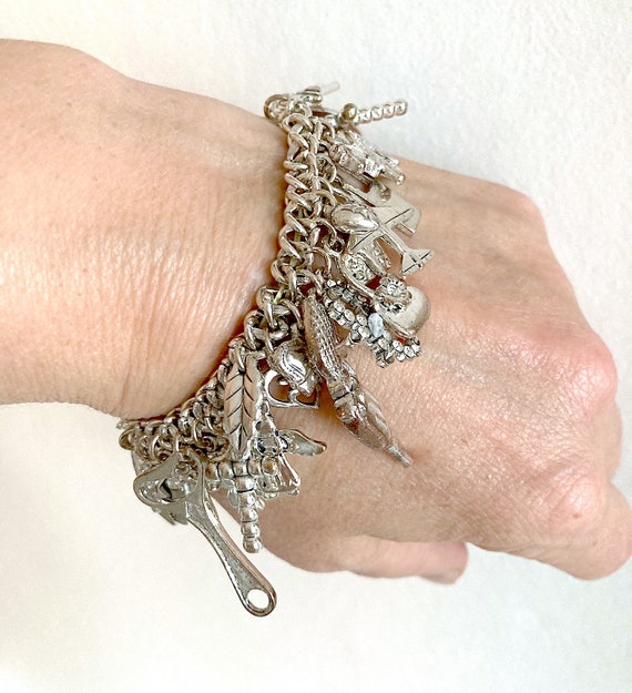 Vintage Full Charm Bracelet,silver Plated Full Charm Bracelet,elasticated  Vintage Silver Charm Bracelet,silver Charm Bracelet Full of Charms 