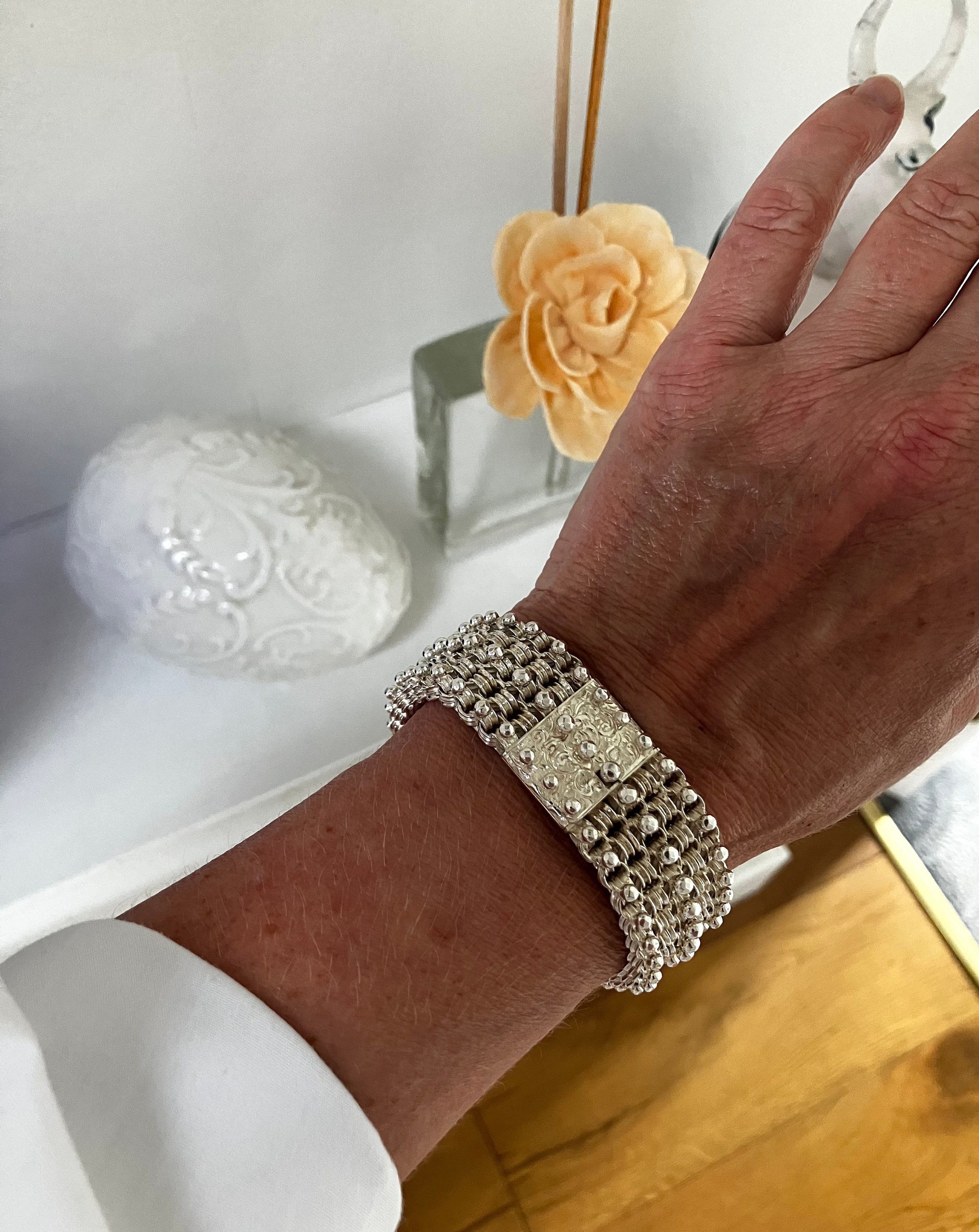 Victorian Engraved Silver Bracelet - Antique Wide Chain Bracelet 
