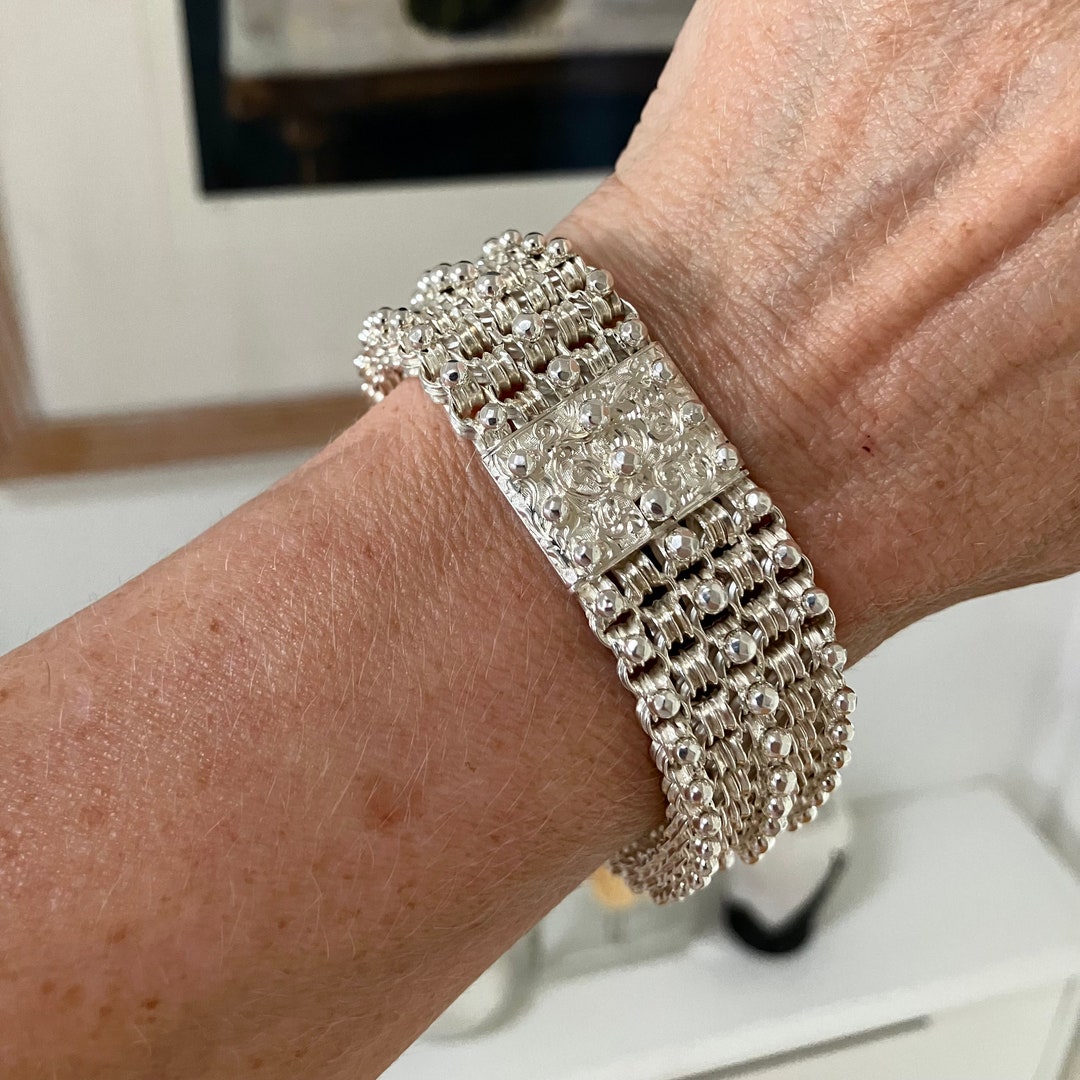 PRY シュウト Antique Silver Chain Bracelet Victorian Engraved Silver Bracelet - Antique Wide Chain Bracelet