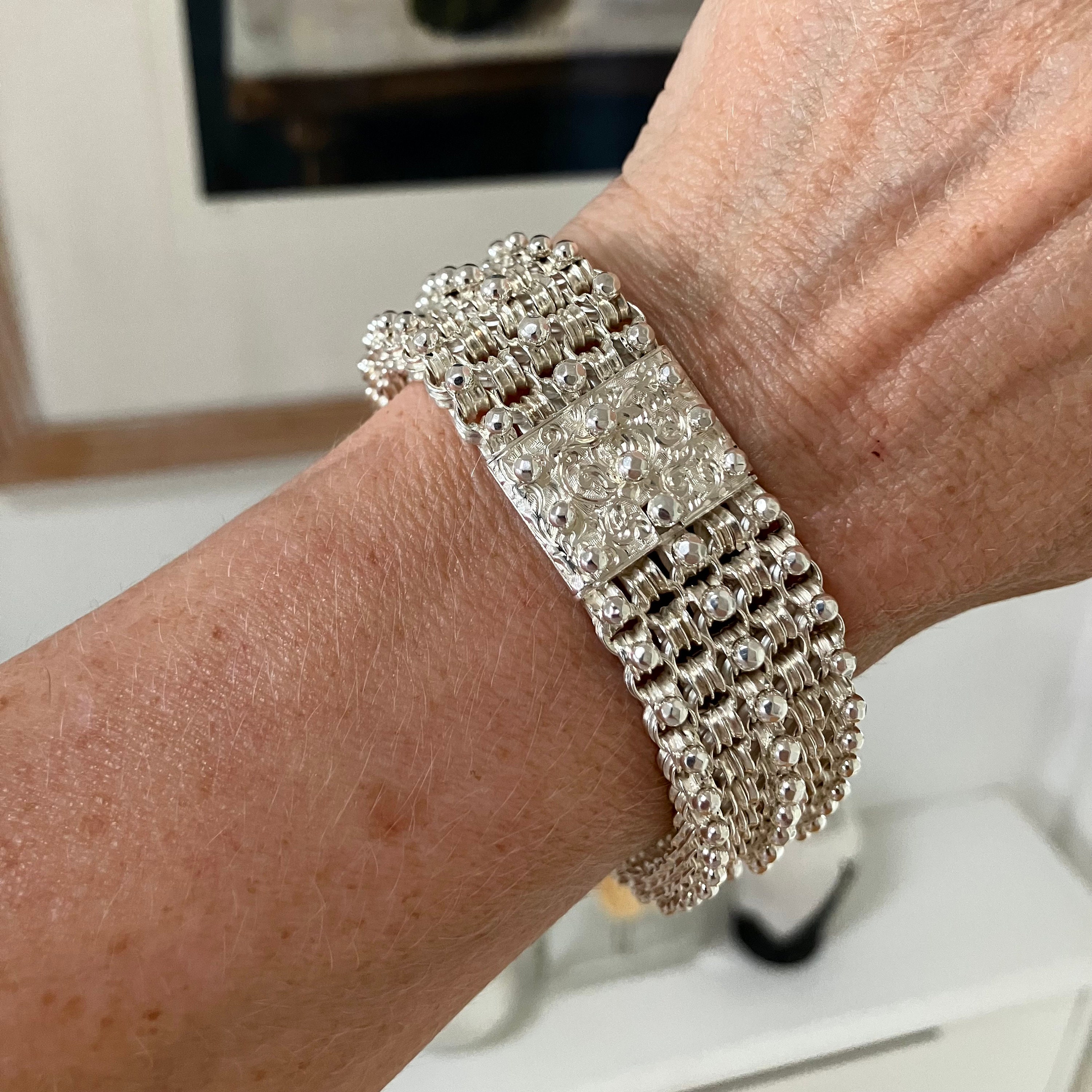 Victorian Engraved Silver Bracelet - Antique Wide Chain Bracelet