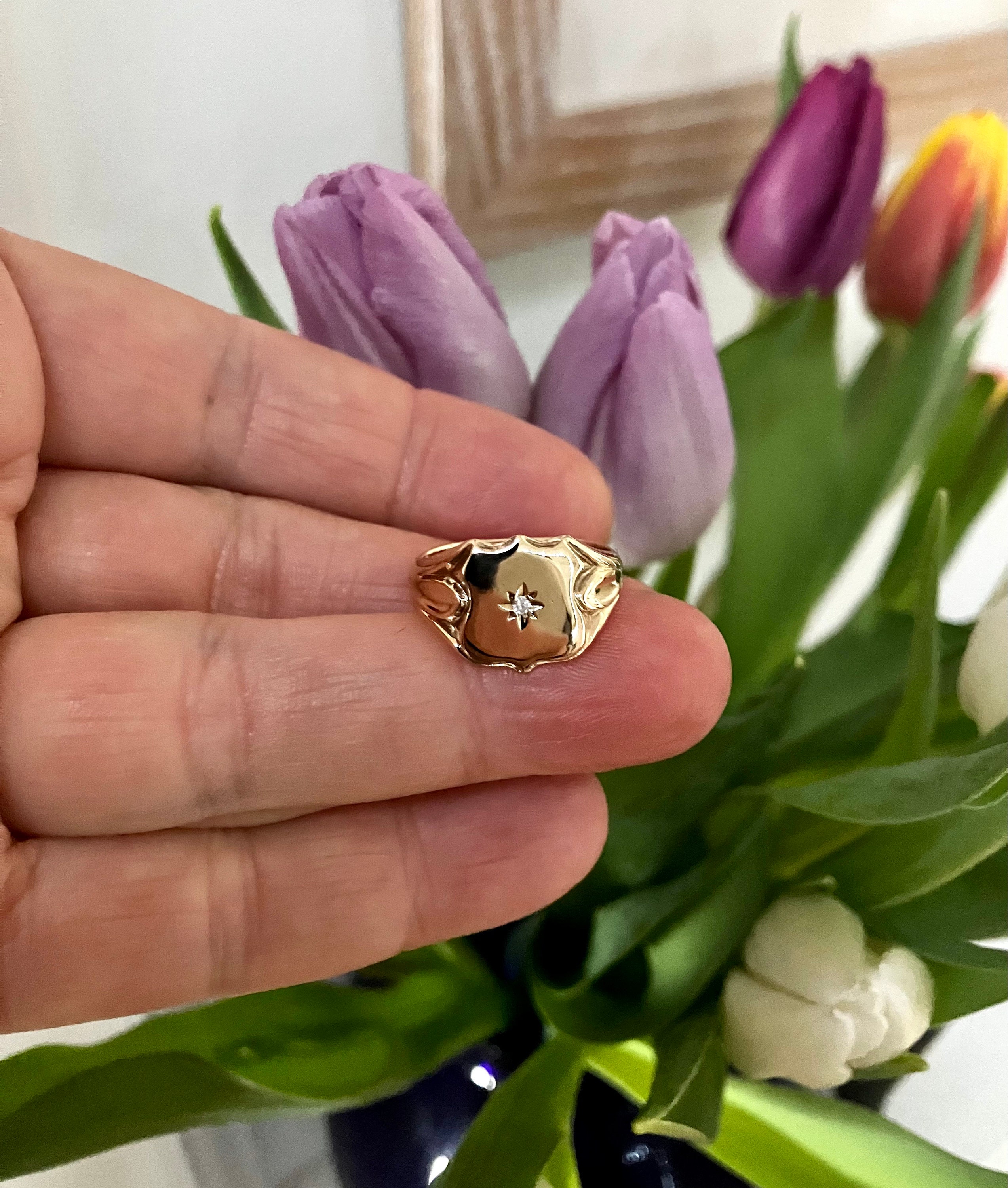 ヴィンテージ 9K ゴールド ダイヤモンド シグネットリング シールド型