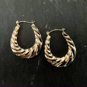 Puede incluir: Un par de pendientes de aro dorados con un diseño de cuerda trenzada. Los pendientes tienen un acabado pulido y una forma ovalada clásica. Los pendientes se muestran sobre una superficie oscura.