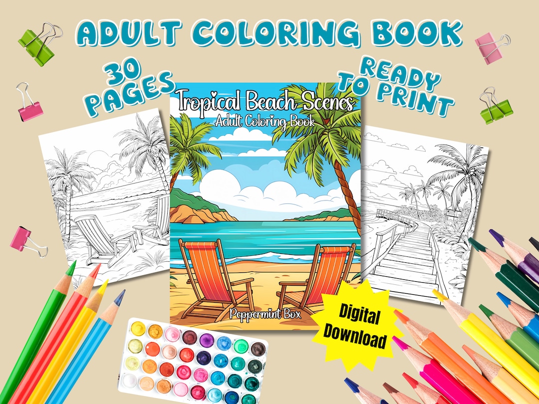 Tropical Beach Scenes Adult Coloring Book | Beach Time | Relaxation ...