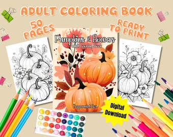 Pumpkins & Flowers, adult coloring book, floral coloring page, fall coloring pages, halloween pumpkin, halloween printables, relaxation,