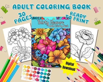 Thirty Flowers adult coloring book, cute coloring book, coloring sheet, coloring for adults, printable page