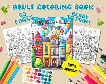 Happy Homes & Balloons adult coloring book, cute coloring book, coloring sheet, coloring for adults, printable page