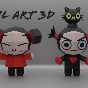 Pucca y garu papercraft, pepakura fanart, decoracion, gato,decorhome, manualidades, escultura, diy, manualidades, cliente, 3d,lowpoly, papel image 1