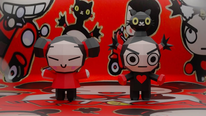 Pucca y garu papercraft, pepakura fanart, decoracion, gato,decorhome, manualidades, escultura, diy, manualidades, cliente, 3d,lowpoly, papel image 3