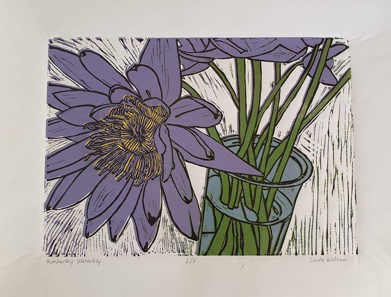 Kimberley Waterlily reduction linocut print