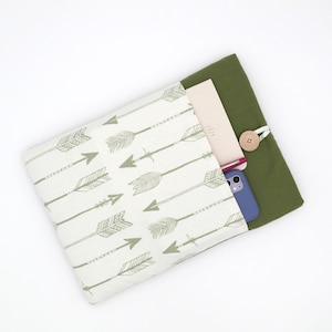 13 inch Padded Laptop Sleeve: Arrow Print, Front Pocket, Wooden Button