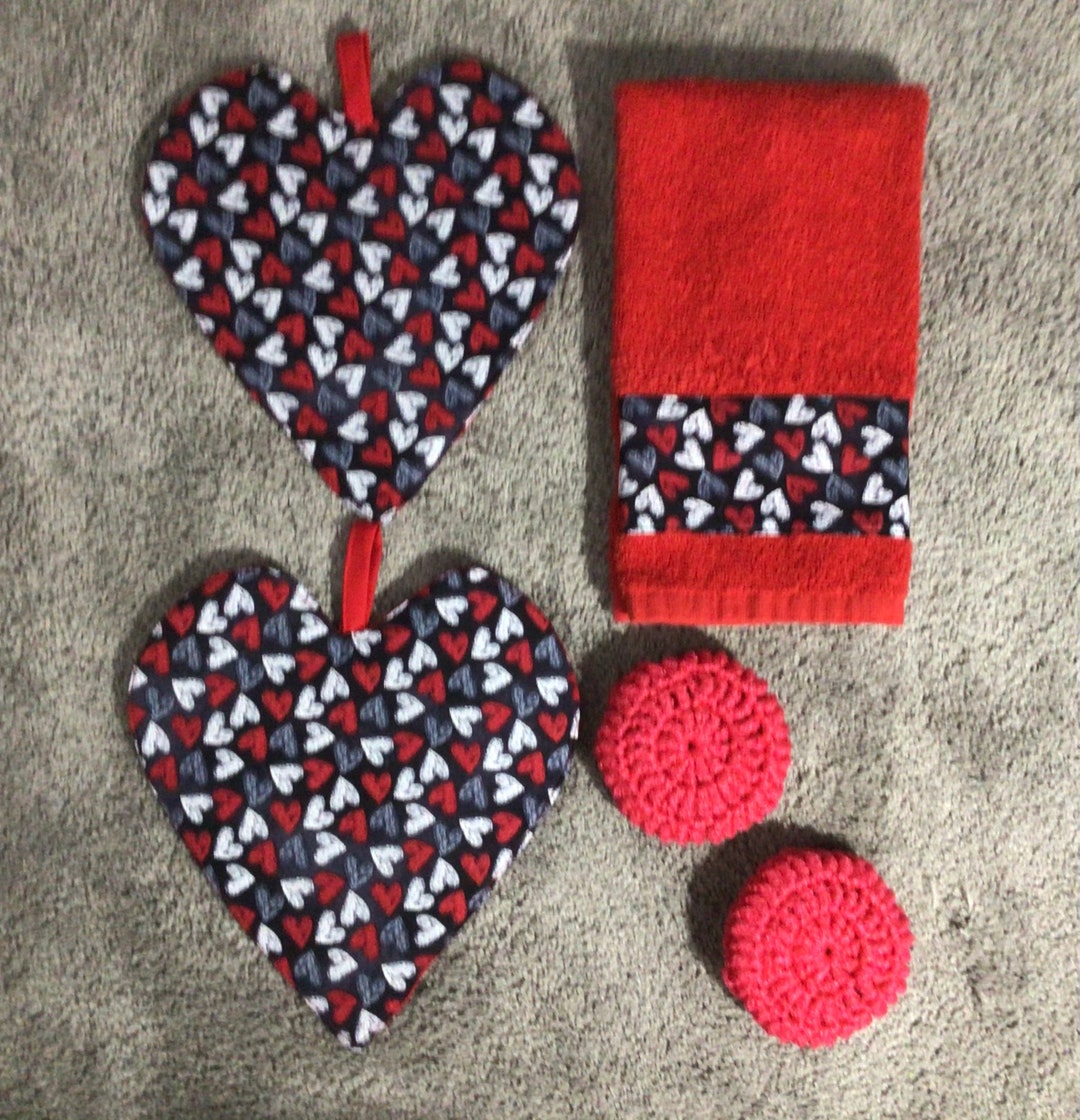 Ensemble Valentine Potholders Towel and Scrubbies Etsy France
