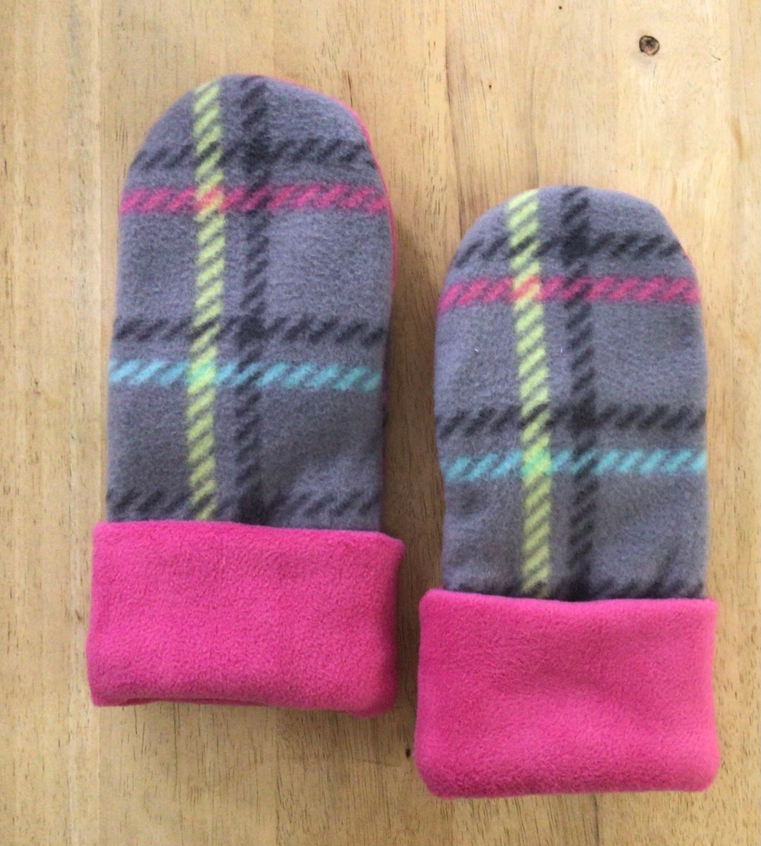 Gray and Pink Plaid Womens Fleece Mittens Etsy