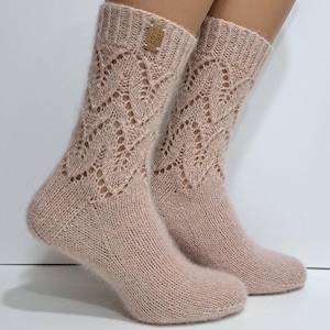 Beige fluffy socks Wool mohair socks Warm women&#39;s socks Hand knit socks Handmade socks Knitted fuzzy socks Gift socks Mohair socks