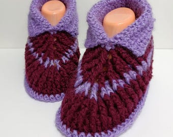 Size 9 1/2 - 10 US Hand knitted slippers with felt sole Warm wool house shoes Cozy crochet slipper socks Burgundy and purple home footwear