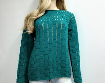Emerald sweater Women cotton hand knit sweater Cotton knit sweater Cotton bohemian sweater Organic cotton sweater Pullover sweater