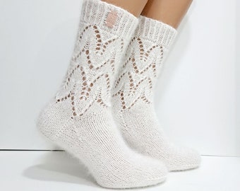 White fluffy socks Wool mohair socks Warm women's socks Hand knit socks Handmade socks Knitted fuzzy socks Gift socks Christmas socks