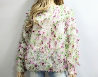 White mohair sweater Cable knit sweater Oversized sweaters Big knit sweater White knitted jumper Fluffy mohair sweater Christmas gift idea