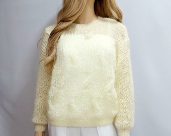 Ivory mohair sweater Hand knit sweater Handmade women sweater Knitted sweater Fuzzy pullover Fluffy sweater