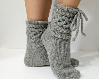 Gray knitted slippers women Handmade socks Women socks Knitted wool socks Women knit socks Hand knit socks Home socks Merino wool socks