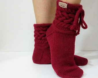 Burgundy wool socks Hand knitted socks Handmade socks Wool socks handmade knitted Hand knit wool socks women Wool socks hand knit by women