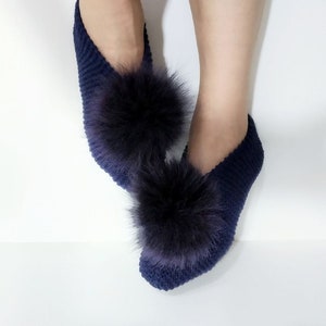 Navy blue slippers Womens slippers House slippers Wool slippers Slippers socks for women Slippers pom poms Handmade slippers Gifts for her