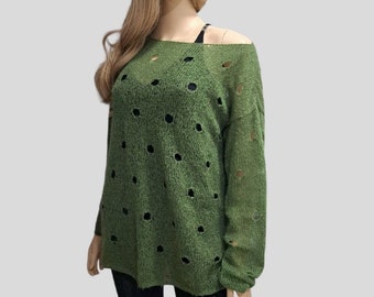 Green sweater Sweater with holes Boho sweater Lightweight loose knit Grunge sweater Loose knit sweater Ripped sweater Mohair sweater women