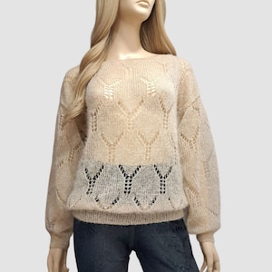 Beige mohair sweater Knitted jumper Hand knit pullover Beige wool sweater Handmade sweater Fuzzy pullover Hand knit sweater Women sweater
