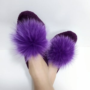 Purple knitted slippers Slipper socks Slippers women Fuzzy socks for women Slippers knitted House slippers Pom-pom slippers Gift for her