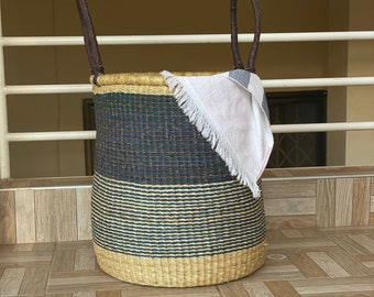 Handwoven African Laundry Basket | Blue, Brown, Natural Elephant Grass Hamper