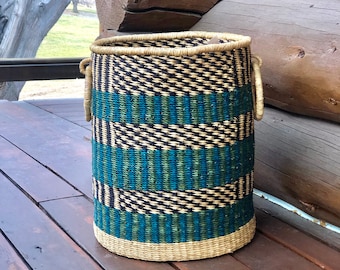 Ready To Ship Laundry Basket | Blue + Black Laundry Hamper | African Woven Laundry Basket | Woven Basket | Clothes Hamper | XL Storage