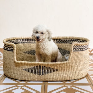 May include: A white dog sits in a woven dog bed with black and brown diamond patterns. The bed is made of natural materials and has a rounded shape.