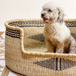 May include: A white dog sitting in a woven wicker pet bed with black and white geometric patterns. The bed is on a tiled floor.