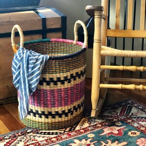 Laundry Basket | Pink + Black Laundry Hamper | African Woven Laundry Basket | Little Girl Woven Basket | Clothes Hamper | XL Storage