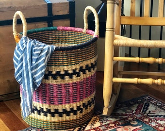 Laundry Basket | Pink + Black Laundry Hamper | African Woven Laundry Basket | Little Girl Woven Basket | Clothes Hamper | XL Storage