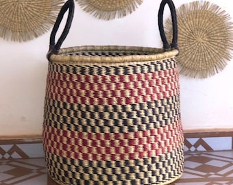 Red & Black Checkered Bolga Basket | African Woven Laundry Hamper
