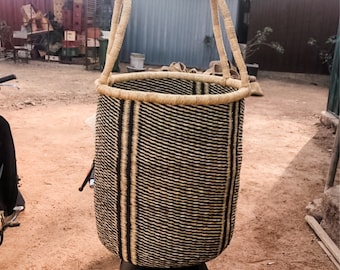 Laundry Basket | Black + Natural Stripe Laundry Hamper | African Woven Bolga Basket | Woven Basket | Clothes Hamper | XL Storage