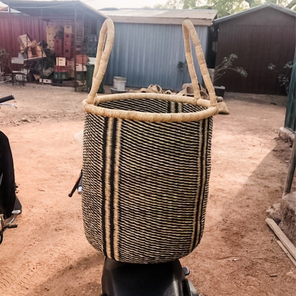 Laundry Basket | Black + Natural Stripe Laundry Hamper | African Woven Bolga Basket | Woven Basket | Clothes Hamper | XL Storage