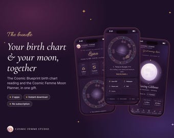 Astrology Gift Bundle, Birth Chart Reading & Moon Phase Planner App, Big Three Sun Moon Rising, Lunar Journal, Zodiac Gift for Her