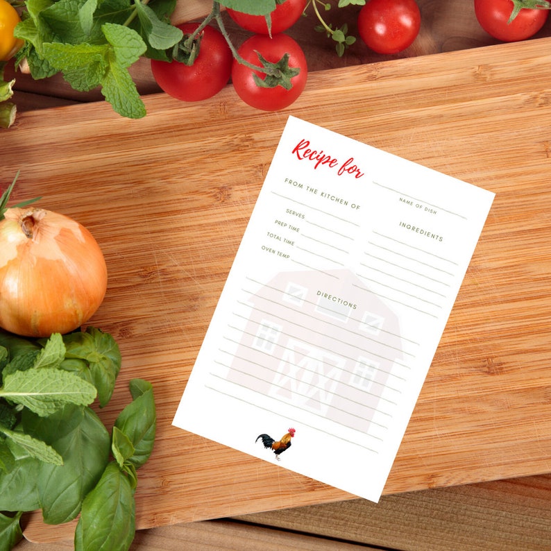 Printable Recipe Card Rooster Barn Recipe Card 5x7 Recipe Etsy